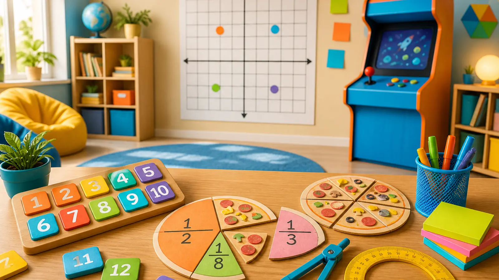 Colorful classroom arcade desk with math tiles and geometric shapes